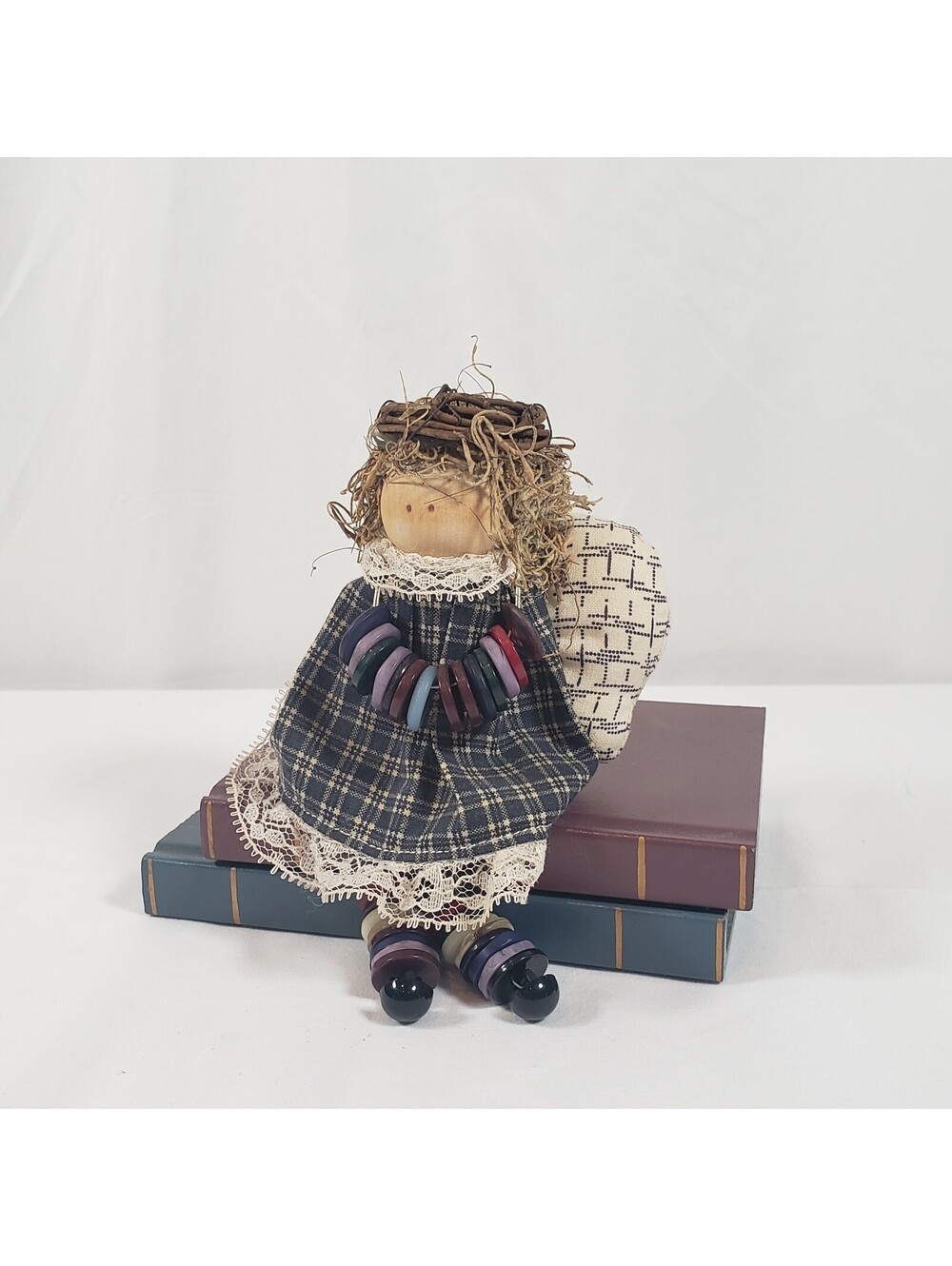 Primitive Folk Art Angel Doll 4" Miniature Button Legs Fabric Wings Rustic Decor